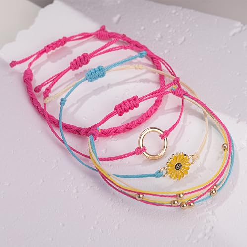 FANCY SHINY Easter Gifts Basket Stuffers Sunflower String Bracelet Boho Braided Rope Wrap Bracelets Cute Summer Beach Surfer Jewelry for Women - color: Hot Pink
