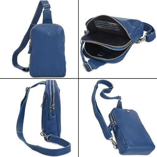Leather Sling Bag for Women Genuine Crossbody Purse Small Trendy Cross Over Chest with Phone and Credit Card Slots (Sapphire Blue Nappa) - color: Sapphire Blue Nappa
