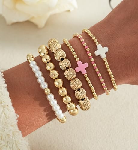 Gold Beaded Bracelets for Women, 14K Real Gold Plated Jewelry for Women Dainty Pearl Bead Bracelets Stack, Non Tarnish Trendy Stackable Ball Cross Stretch Bracelet Set Fashion Accessories Gifts - color: Gold pink cross bead