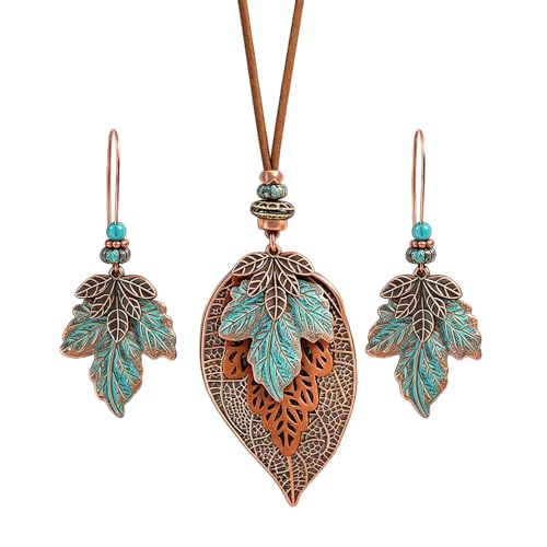 Wooden Leather Necklaces Set Bohemian Wood Stack Discs Long Chain Hemp Rope Bronze Plated Pendant Ethnic Tribal Fall Leaf Earrings Jewelry Statement Necklace - color: R-029