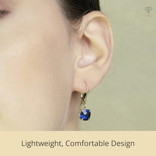 14k White or Yellow Gold Cushion Cut Gemstone Dangle Earrings for Women with 8mm Birthstones by MAX + STONE - color: Created-Blue-Sapphire