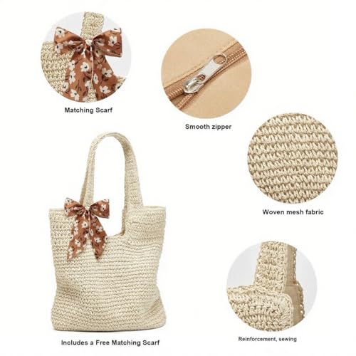 Crochet Beach Bags for Women Woven Purses Shoulder Bag Tote Handbag Summer Beach Purse - color: Wy11-white