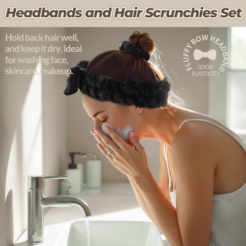 LEOBRO Spa Headband, 6pcs Makeup Headbands and Hair Scrunchies, Bow Skin Care Headband for Washing Face for Teen Girls Women, Easter Basket Valentines Gifts for Girls, Black & White & Gray - color: Black, White, and Gray