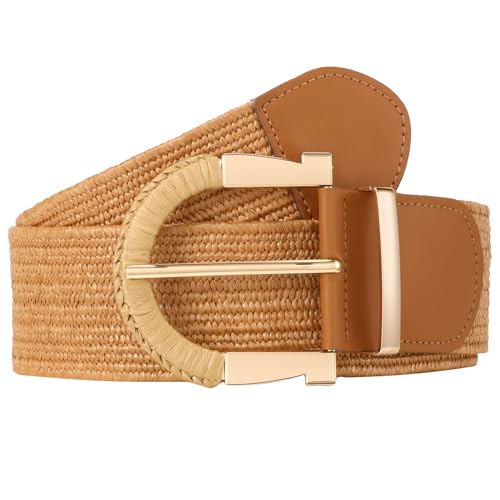 JASGOOD Straw Woven Belt for Women Dresses Boho Elastic Braided Belt Rattan Raffia Belts Ladies Wide Belt,1.97" Width - color: A-brown, size: Fit waist size 40"-45"