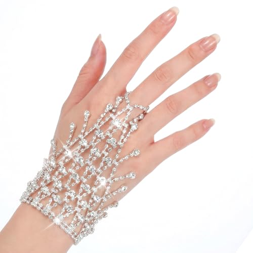 Chain Ring Bracelet Rhinestone Hand Chain Bracelet Silver Fingerless Gloves Jewelry Silver Metallic Glove Sparkle Wedding Hand Chains, Masquerade Glove Rhinestone Bracelets for Women