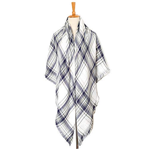 Wander Agio Womens Warm Long Shawl Winter Wraps Large Scarves Knit Cashmere Feel Plaid Triangle Scarf - color: Plaid Blue 34