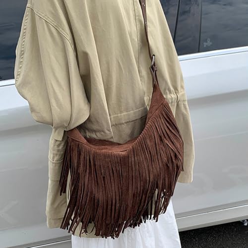 Fringe Genuine Suede Leather Hobo Bag Adjustable Crossbody Shoulder Bag Boho Retro Tassel Handbag Gift Box - color: Coffee