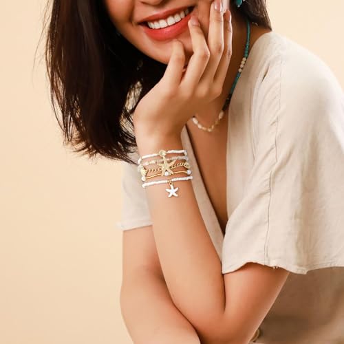 Shell Bracelet Seashell Boho Beaded Stretch Bracelets for Women Summer Beach Bracelets Starfish Charm Bracelet Stackable Gold Plated Bracelets Set for Women - color: h-gold 2