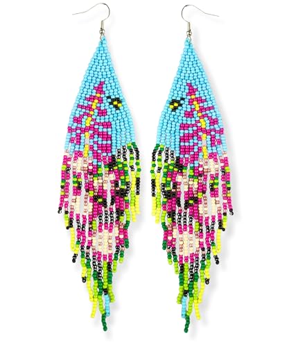 Long Beaded Earrings for Women, Statement Tassel Dangling Earrings, Native American Jewelry Boho Country Colorful Flower Moon Bead Gifts - style: Aqua Flora Fringe