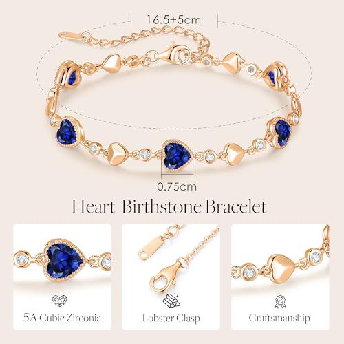 925 Sterling Silver Birthstone Heart Bracelet Jewelry Gift for Women | Rose Gold Plated Bracelets,Hypoallergenic,Adjustable Chain Personalized Anniversary Christmas Jewelry Gift for Mom Wife - color: Rose Gold-09-Sep