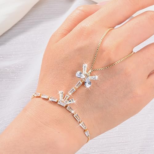 Adjustable Hand Chain Bracelet Women, 16K Gold Plated Finger Bracelet, Secure Ball Clasp Elegant Slave Hand Jewelry, Y2K Aesthetic Accessories for Summer Festival Prom Beach Vacation Daily Wear - color: style2-16K gold-plated