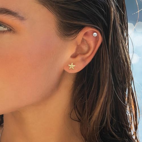 SmileBelle 2 Pairs Daisy Bow Gold Earrings Set for Women, Pearl Bow Earring for Women X Minimalist earrings Seashell Simple Dainty Earrings, Beach earring Gold Stud Earring for Women Trendy - style: Starfish earrings set