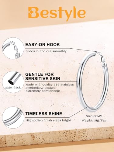 Bestyle 5mm Thick Gold Hoop Earrings Hypoallergenic Hoops for Sensitive Ears Trendy Lightweight Chunky Earrings for Women 30/40/60/80mm - color: 01-Silver, size: 60mm