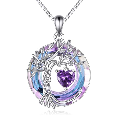 POPLYKE Mothers Day Gifts for Mom Her Wife Tree of Life Necklace 925 Sterling Silver Birthstone Pendant with Crystal Anniversary Birthday Wedding Jewelry for Women - color: 02-Feb-Amethyst, style: White Gold Plated-Amethyst Crystal