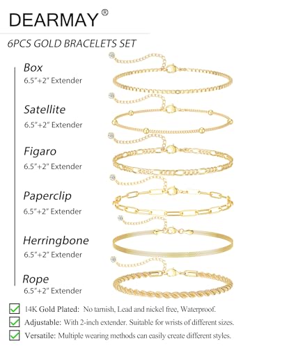 Dearmay Gold Bracelets for Women Waterproof, 14K Gold Plated Minimalist Bracelets Stack Non Tarnish Trendy Dainty Herringbone Vintage Cuban Paperclip Rope Thin Box Link Chain Stackable Jewelry Sets Modern Fashion Accessories Gifts for Womens - style: 6Pcs