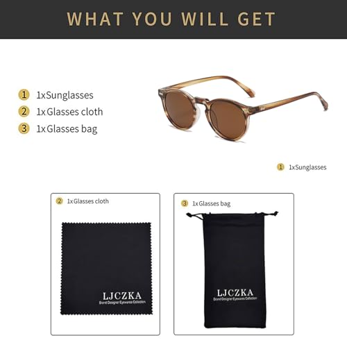 LJCZKA Round Polarized Sunglasses for Men Women Retro Small Face Sunglasses Polarized Vintage Sun Glasses UV400 Protection - color: Brown Stripe Brown