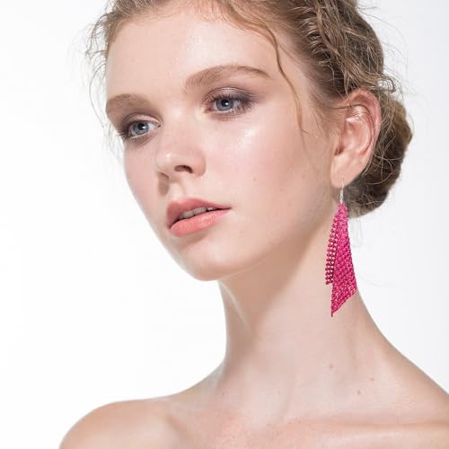 Sequin Earrings for Women Metal Mesh Grid Sequins Tassel Long Drop Dangle Earrings Trendy Charms Bridal Wedding Jewelry - color: Rose Red