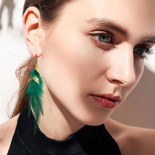 Feather Earrings for Women Bohemian Fringe Tassel Long Drop Dangle Earrings Lightweight Boho Statement earrings - color: green