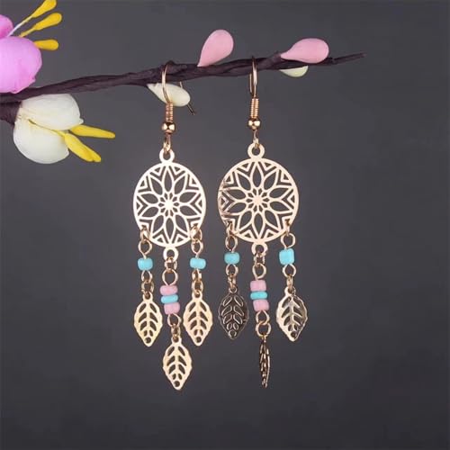 Boho Turquoise Drop Earrings Retro Long Copper Feather Tasse Metal Leaf Dangle Earrings Vintage Country Western Jewelry Cowgirl Ethnic Style Geometric Concert Festival Accessories for Women - color: Gold Tassel