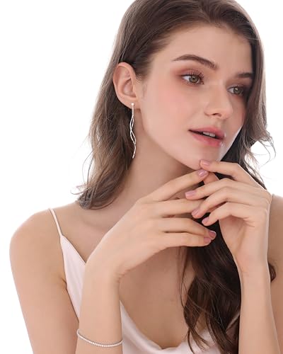 NECOCY Gold Dangle Earrings for Women Non Tarnish 14K Gold Plated Drop Wedding Hypallergenic Earring Dainty Long Hanging Chain CZ Pearl Threader Earrings Trendy Silver Plated Jewelry for Women - style: Silver&Style5