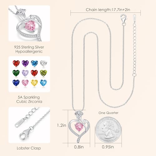 LOUISA SECRET Rose Flower Heart Birthstone Necklaces for Women, 925 Sterling Silver Jewelry, Pendant Heart Necklaces Birthday Anniversary Christmas Gift for Women Wife Mom Girlfriend Lady - color: White Gold-10-Oct