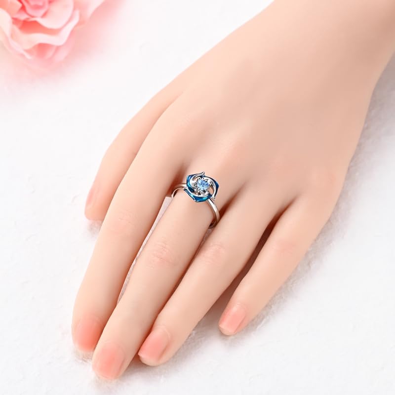 PARCOM Adjustable Women Stackable Ring, 925 Sterling Silver Open Rings - Trendy Eternity Cubic Zirconia Stackable Band Engagement Promise Ring for Her, Hypoallergenic Non Tarnish Nature Bird Floral Thumb Rings - color: Ocean Dolphin