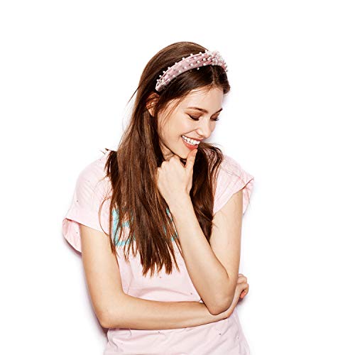 WILLBOND 3 Pieces Pearl Knotted Headbands for Women Velvet Top Knot Head Bands Pearls Hair Hoop for Woman Hair Accessories (Beige, Pink, Black) - color: Beige, Pink, Black