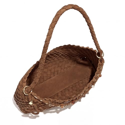 Premium Woven Shoulder crossboby Bag for Women, Slouchy Hobo Handbag with Braided Strap and Matching Zipper Pouch - color: Coffee Brown