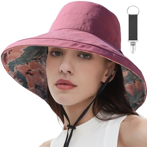 vidsel Womens Sun Hats Wide Brim Reversible Bucket Cotton Hat Packable Summer Travel Cap with Hat Clip,UV Protection - color: Red, size: Medium