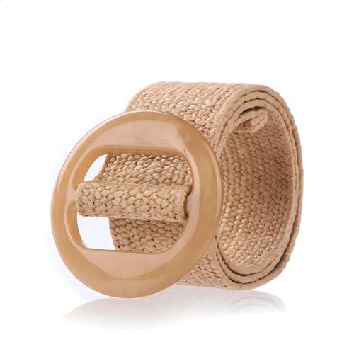beltox fine Women PP Straw Braided Elastic Belt Solid Color with Round Buckle - color: Brown, size: XS-XL(28-40 inch stretch range)