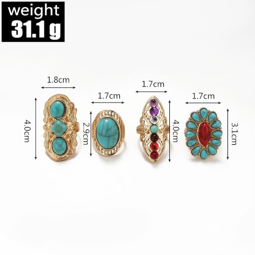Bohemian Turquoise Ring for Women Chunky Gold Flower Statement Rings Vintage Round Turquoises Stackable Knuckle Ring Set for Women Western Jewelry - style: Turquoise ring-4Pcs