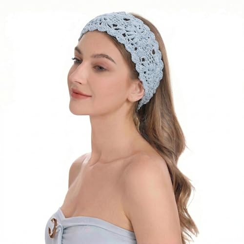 ZLYC Women Headband Handmade Crochet Knit Boho Flower Hair Bands (Crochet Blue) - color: Crochet Blue