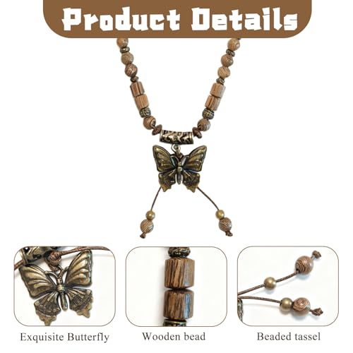 Boho Necklace for Women,Vintage Butterfly Pendant Necklaces,Adjustable Wooden Beads Layered Braided Choker,Fashion Tribal Style Leather Rope Necklace Jewelry,Chunky Statement Gift for Women - color: Brown2