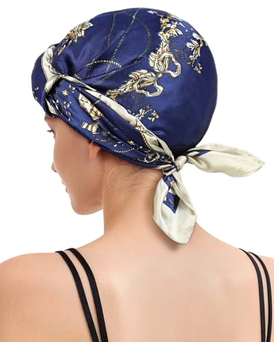 Satin Scarf and Hair Net - 2 in 1 Silk Scarf and Wrap Cap Hair Net for Silk Press, Protective Night Cover Prevents Frizz - color: Navy Blue