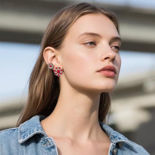 Western Earrings for Women Bohemian Turquoise Earring Set Vintage Turquoise Stud Earring for Women Flower Cowboy Earrings Western Country Concert Rodeo Outfits Jewelry Gift - color: Red