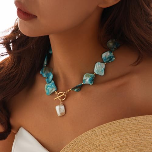 Boho Chunky Shell Necklace for Women Baroque Pearl Pendant Necklaces Irregular Shell Beaded Choker Necklace Trendy Vacation Jewelry Accessories - color: Blue