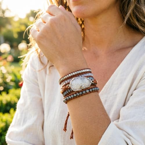 YGLINE Natural Stone Beaded Healing Wax String 5 Wraps Bracelets - color: druzy 1