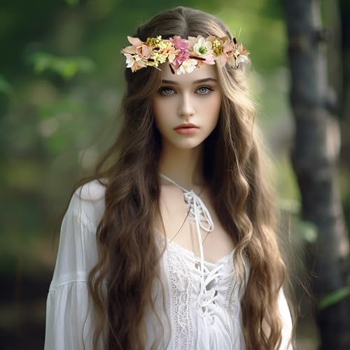 Vivivalue Flower Wreath Crown Boho Flower Headband Hair Garland Floral Headpiece Halo with Wrist Wedding Party Festival Photos Yellow - color: 95