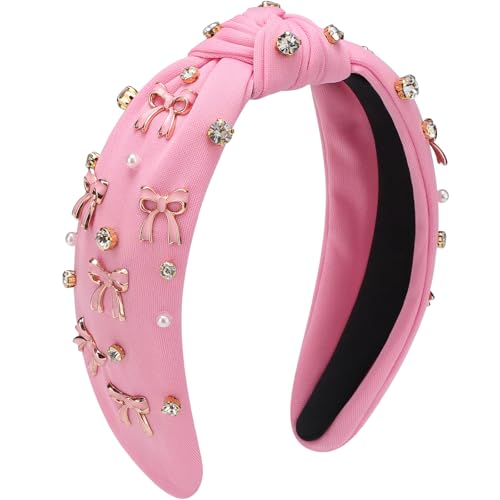 WantGor Pearl Knotted Headband, Women Rhinestone Embellished Hairband Elegant Wide Top Knot Bride Headbands Headpieces Party Fashion Elegant Ladies Hair Band Hair Hoop Accessories (Pink Bow) - color: Pink Bow