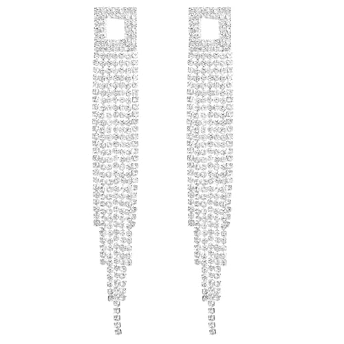 Rhinestone Tassel Earrings Sparkly Long Fringe Crystal Chandelier Dangle Drop Earrings Wedding Party Prom Earrings Premium Iridescent Earrings Wedding Party Jewelry Gifts for Women - color: Silver4