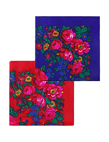 MJ SERECA Acrylic Bandana Printed Hair Scarf Square Ukrainian Head Scarf Floral Babushka Neck Scarf for Women 30"/42"/60" - color: 2 Pack-d 42"
