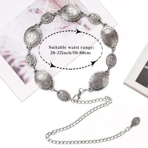 Dubulle Womens Belt Chain Leather Belts Vintage Western Adjustable Elastic Double Buckle for Cowboy Pant Dress - color: W Silver Grey