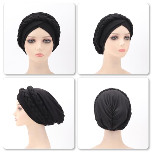 African Women Turban Caps Beanie Pre-Tied Twisted Braids Headwraps for Women Head Scarf Chemo Cancer Headwear Cap - color: 3 Pack Twisted Braid: Burgundy/Navy Blue/Black