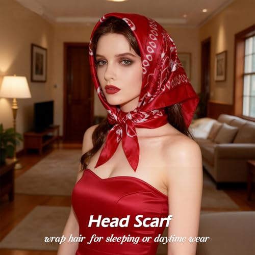 Ciormis 35" Silk Head Scarf for Women, 4 Pcs Satin Hair Scarf Square Silk Bandana Top Neck Scarves Hair Wraps for Sleeping - color: J1-cashew-set3