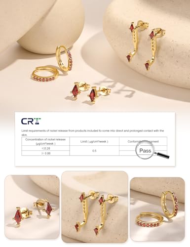 GEORGE · SMITH Stackable Kite Stud Earrings Set for Women, Gold & Silver Huggie Birthstone Jewelry with Emerald Green & Blue Sapphire, Trendy Earrings for Women 2025 - color: Gold,Red CZ
