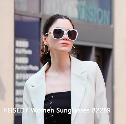 FEISEDY Polarized Women Square Sunglasses Sparkling Composite Shiny Frame B2289 - color: White