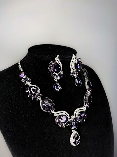 Women Jewelry Set Rhinestone Crystal Bride Statement Choker Necklace Teardrop Cluster Dangle Earrings Set for Wedding Prom Party - color: Violet