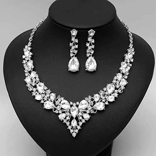 CSY 4 Pcs/Set Austrian Crystal Necklace Earrings Bracelet Ring Bridal Jewelry Sets for Brides Wedding Party Costume Accessories Gifts for Women - color: 02-white gold-white