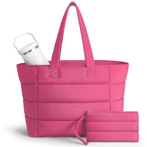 Puffer Tote Bag with Pouch, Women's Lightweight Quilted Shoulder Bag, 15.6"/17.3 Laptop Travel Weekender for Work & Nurses - color: Rose, size: Medium
