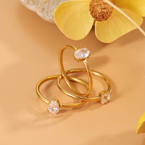 14K Gold Plated Stackable Rings for Women Non Tarnish - Dainty Cubic Zirconia Engagement Ring Set Colorful Birthstone Statement Promise Stacking Rings Size 6-9 - color: White